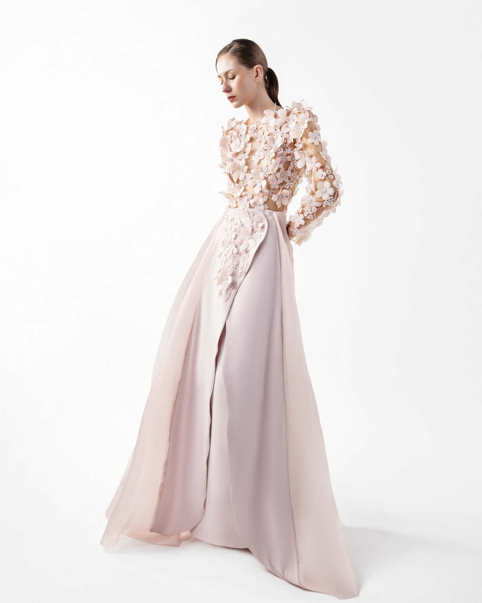 Ethereal Pink Floral Illusion Gown with Fluid Envelope Skirt