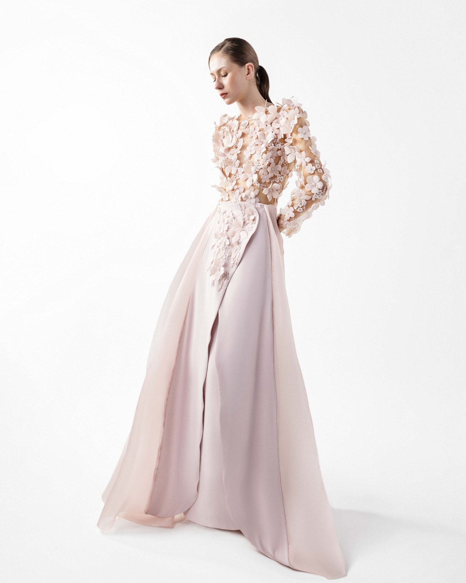 Ethereal Pink Floral Illusion Gown with Fluid Envelope Skirt