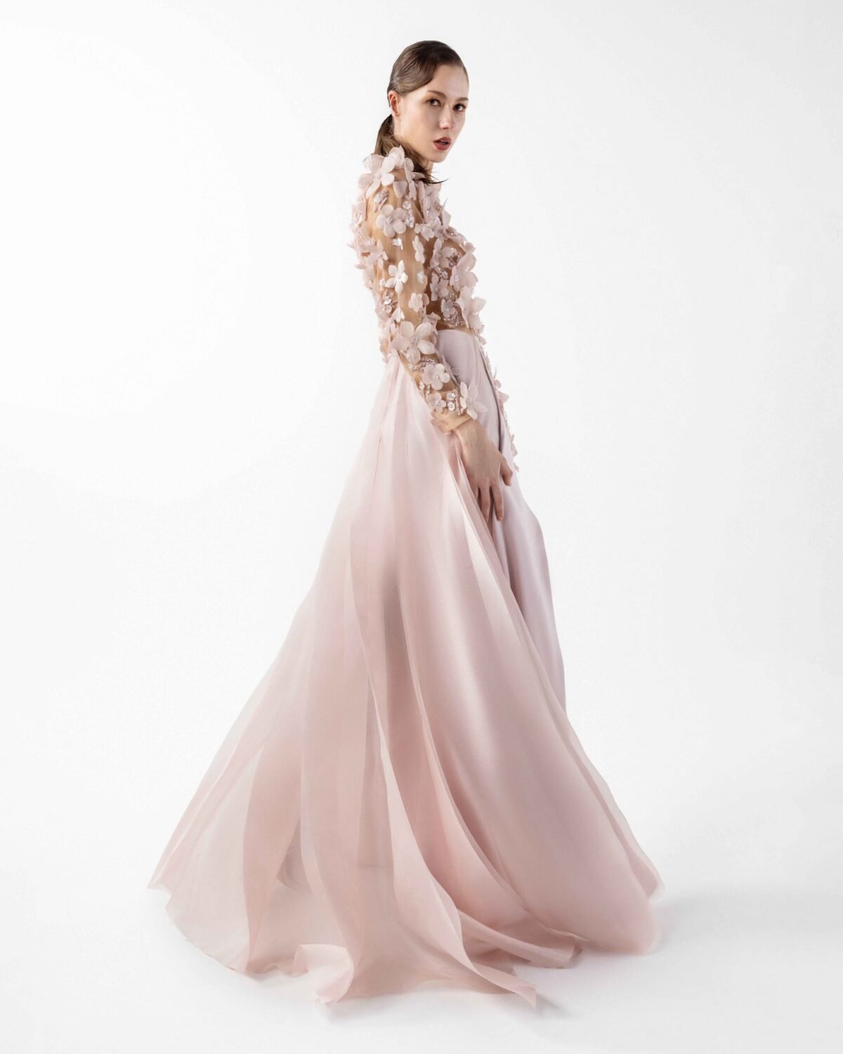Ethereal Pink Floral Illusion Gown with Fluid Envelope Skirt