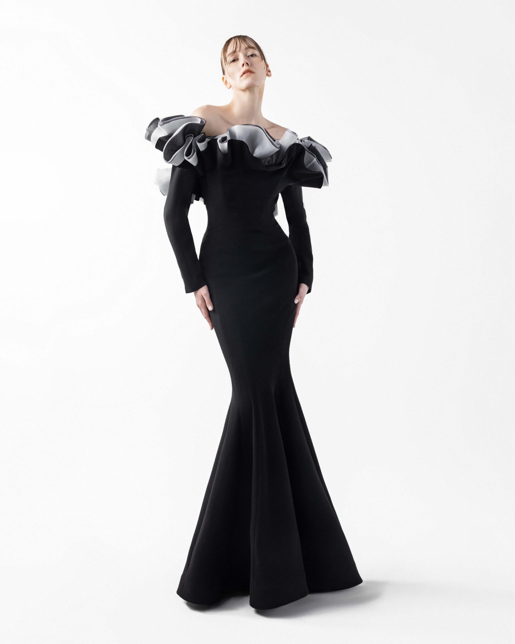 Romantic Black Gown with Sculptural Ruffles and Sleeves