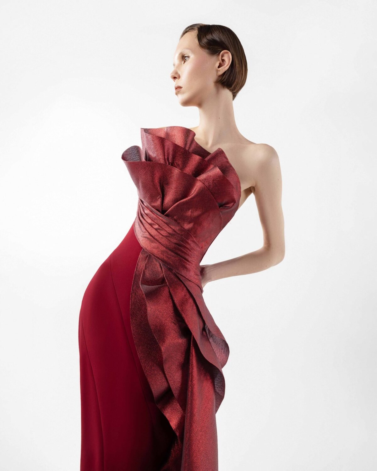 Exquisite Sculptural Burgundy Gown With Layered Lamé Organza Bodice
