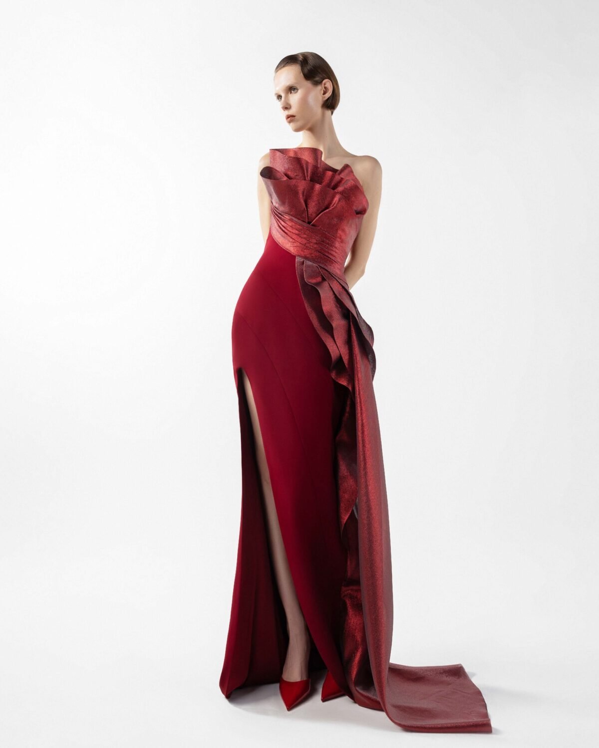 Exquisite Sculptural Burgundy Gown With Layered Lamé Organza Bodice