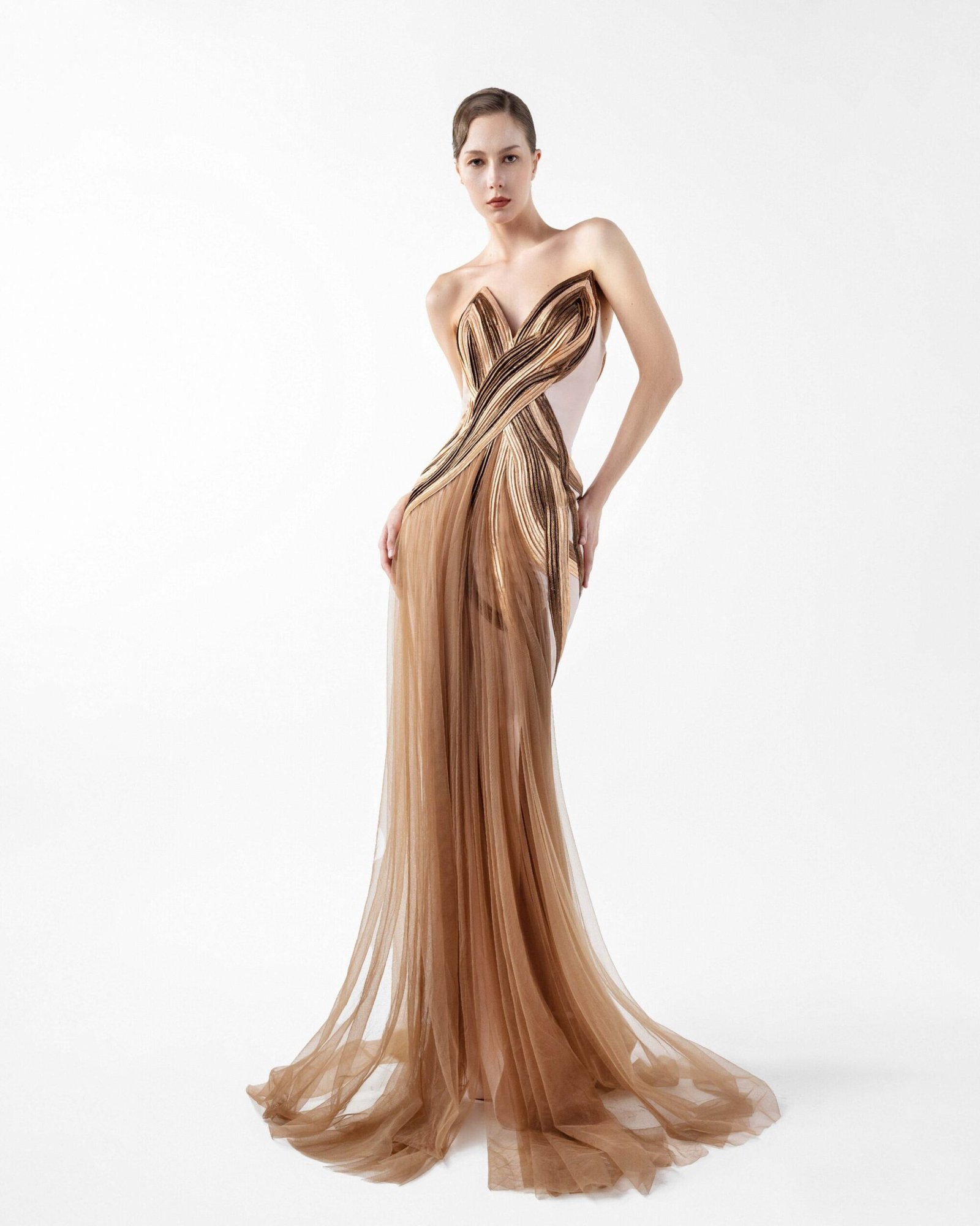 Strapless Nude Crepe Gown with Angular Bronze metallic Folds and Tulle Cascade