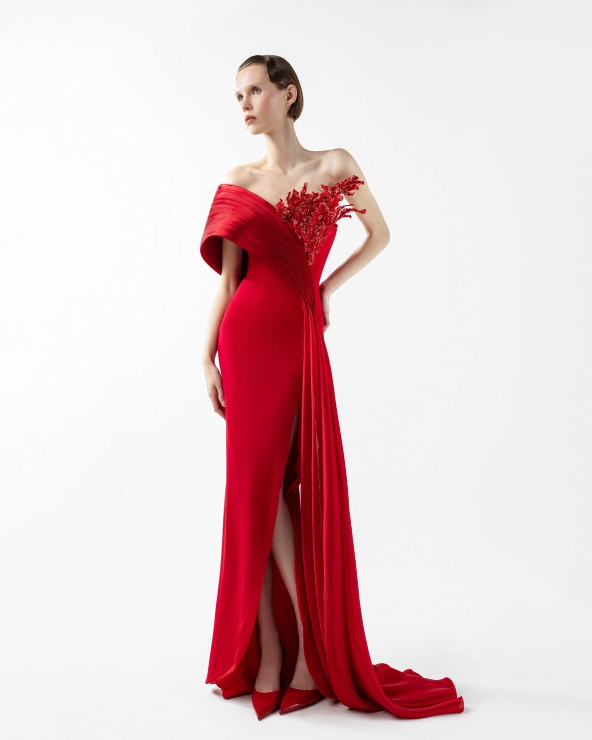 Crimson Gown with Sculpted Organza Off-Shoulder and Beaded Flame Bloom
