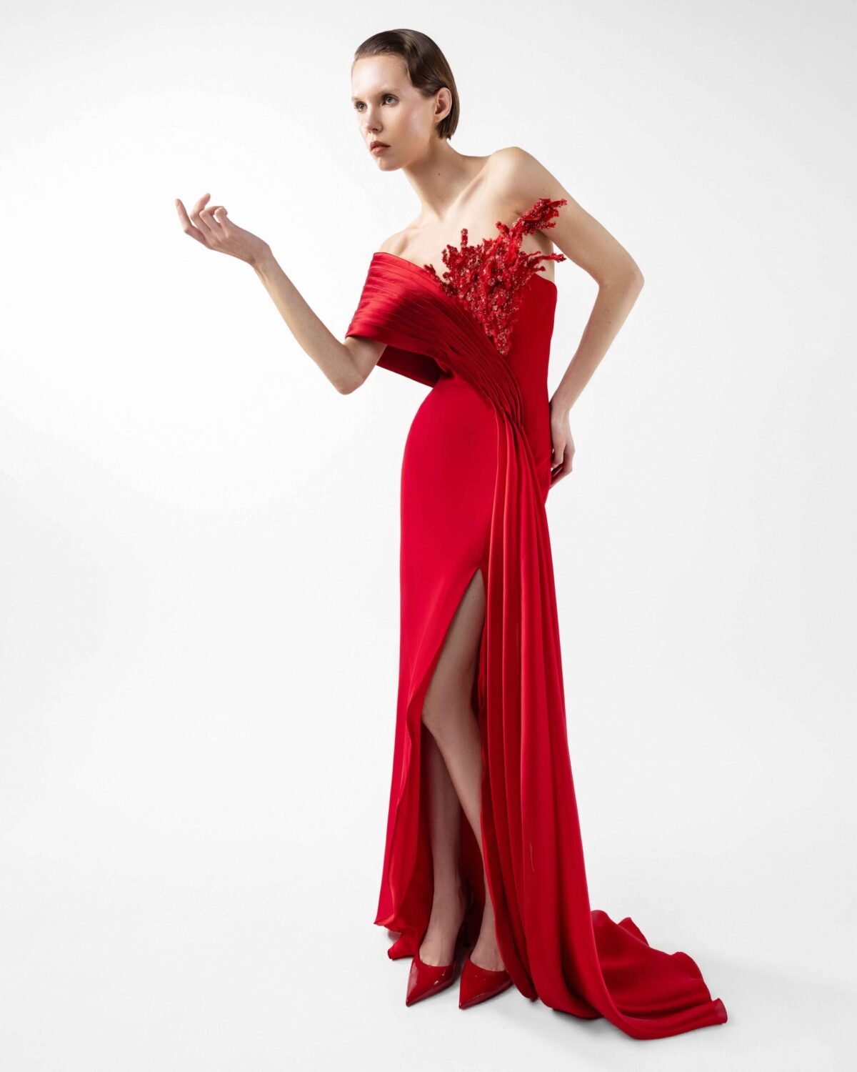 Crimson Gown with Sculpted Organza Off-Shoulder and Beaded Flame Bloom