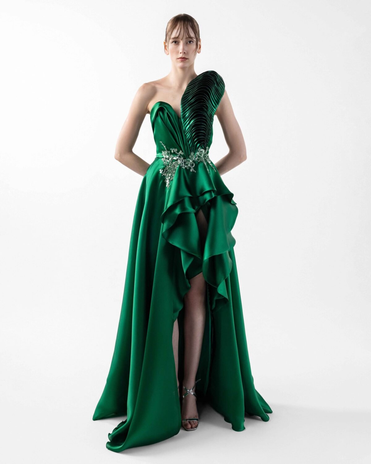 Pleated Metallic One-Shoulder Emerald Green Organza Beaded Gown