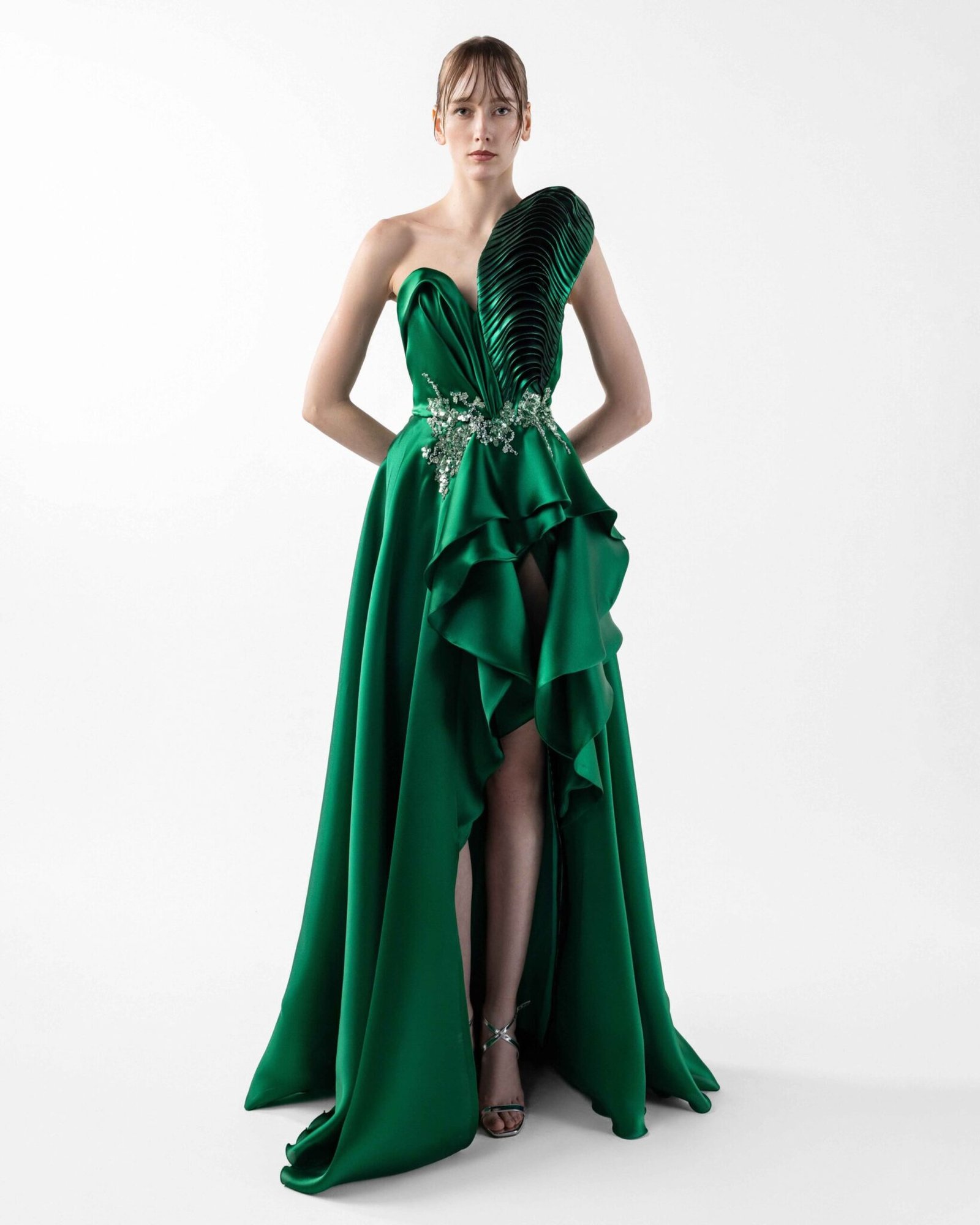 Pleated Metallic One-Shoulder Emerald Green Organza Beaded Gown