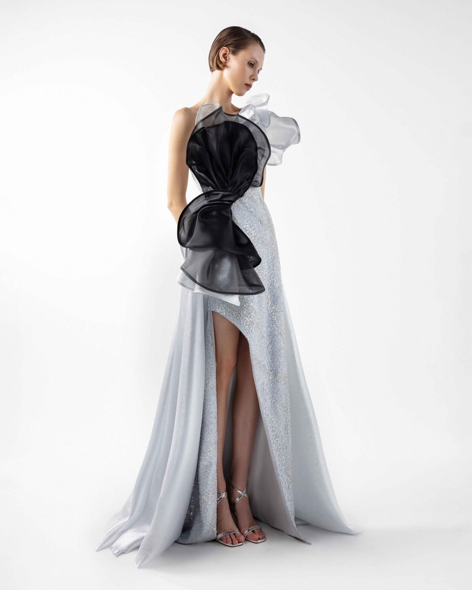 Silver Seduction Gown with Sculptural Black Organza Waves