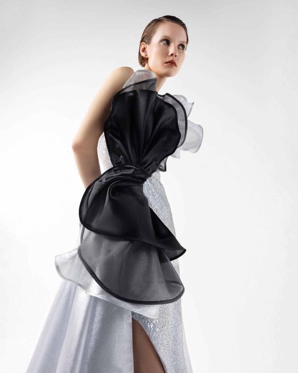Silver Seduction Gown with Sculptural Black Organza Waves