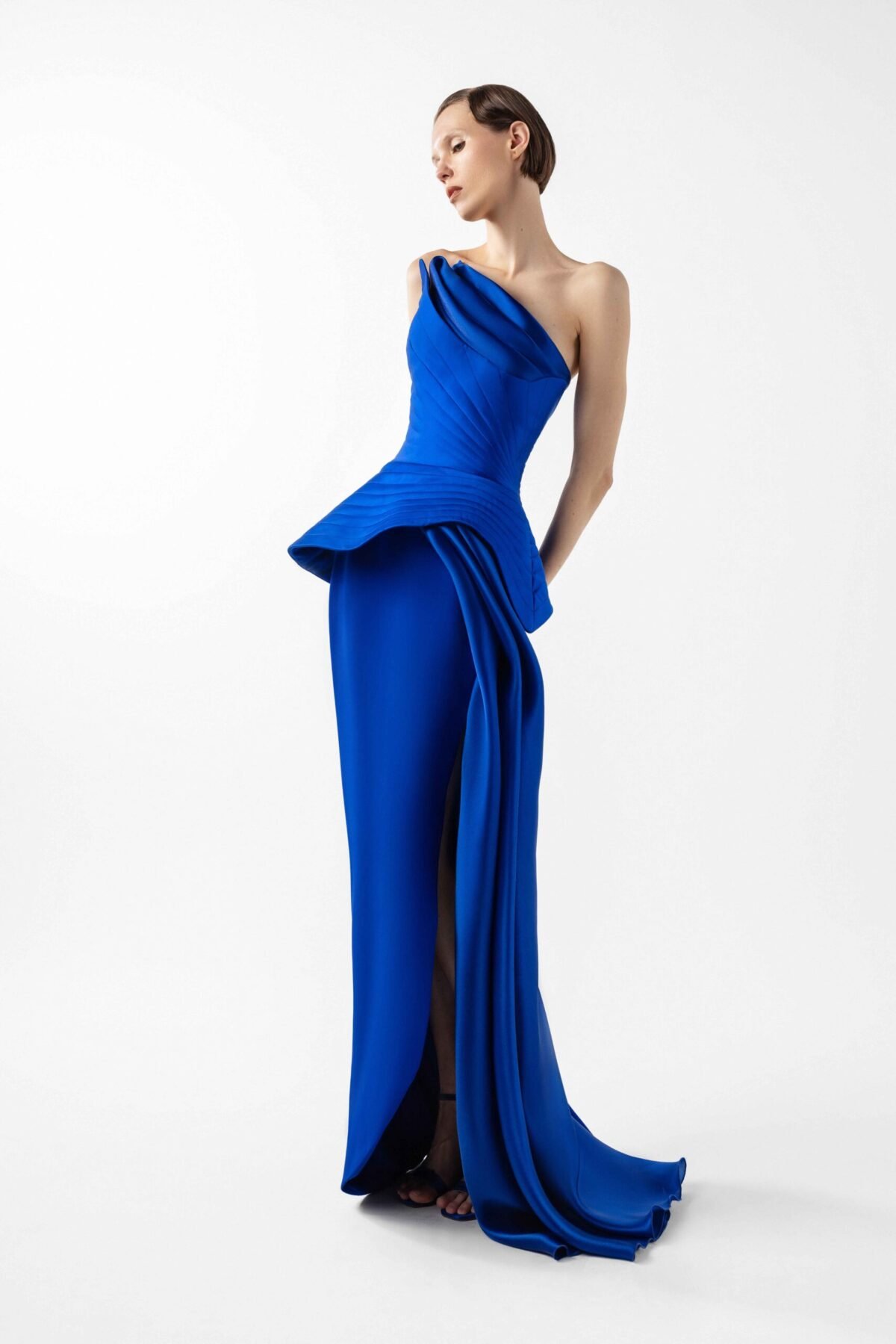 Royal Blue Corset Gown with Ribbed Peplum