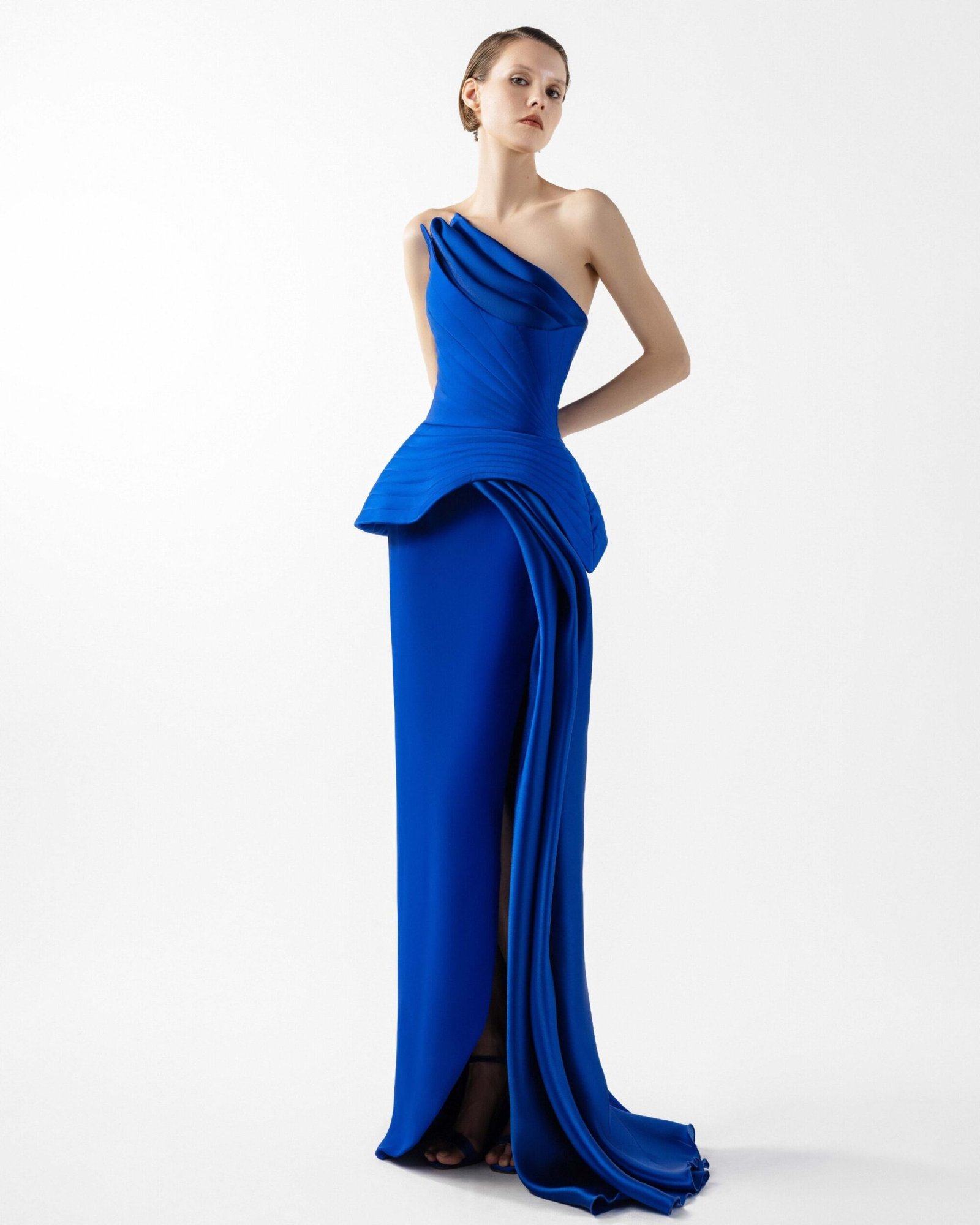 Royal Blue Corset Gown with Ribbed Peplum
