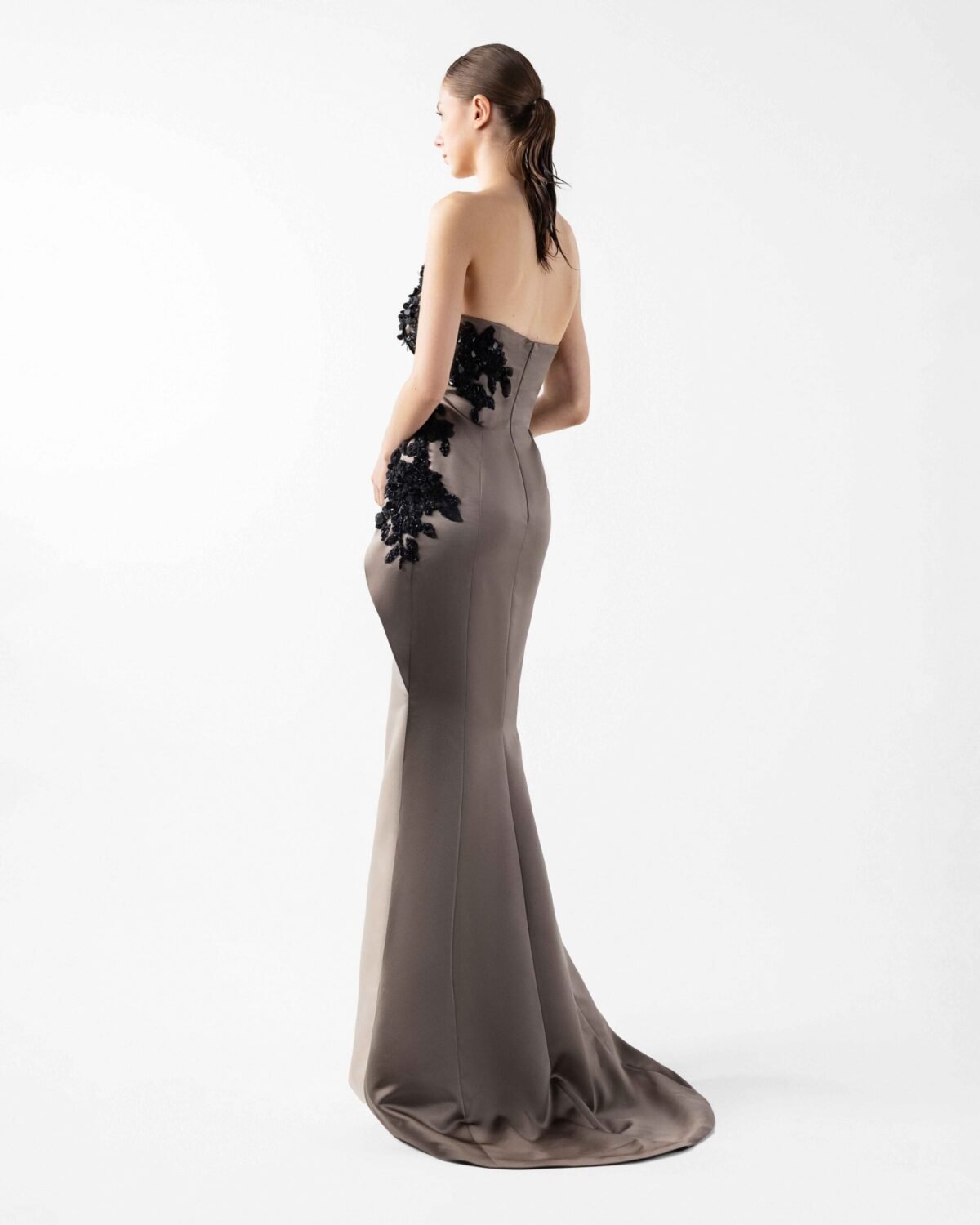 Dual-Tone Cream and Anthracite Gown with Dimensional Embroidery Overlay