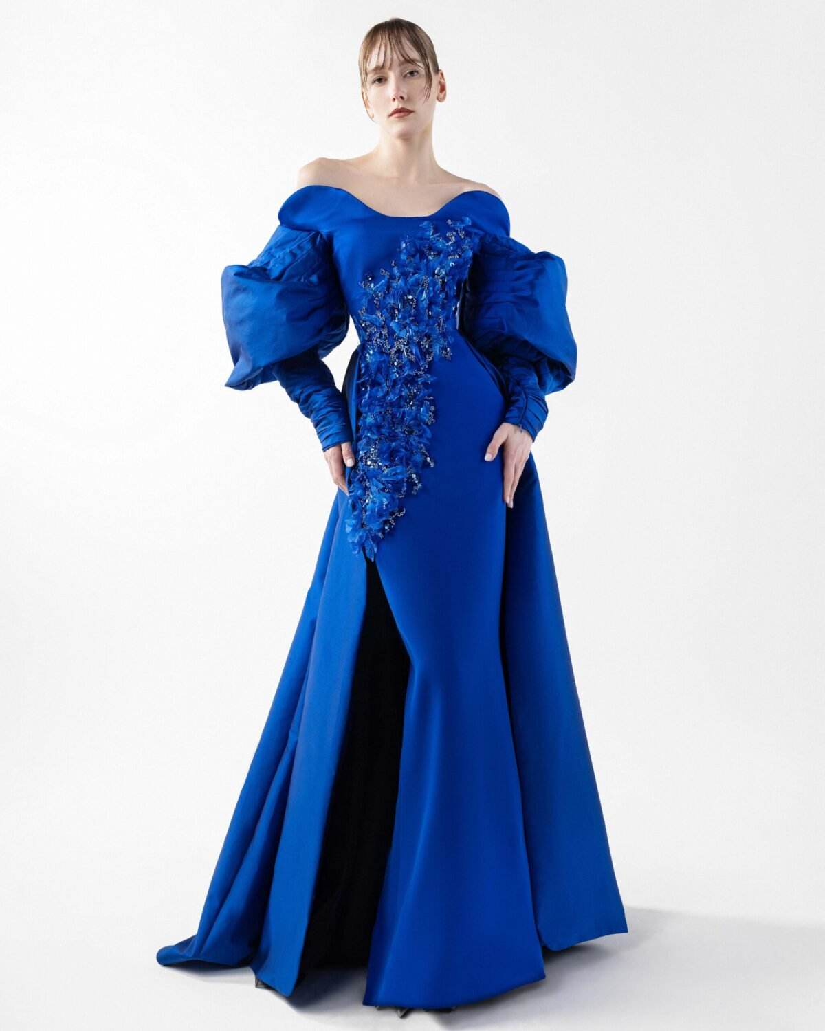 Royal Blue Off-Shoulder Gown with Voluminous Sleeves and Textured Embroidery