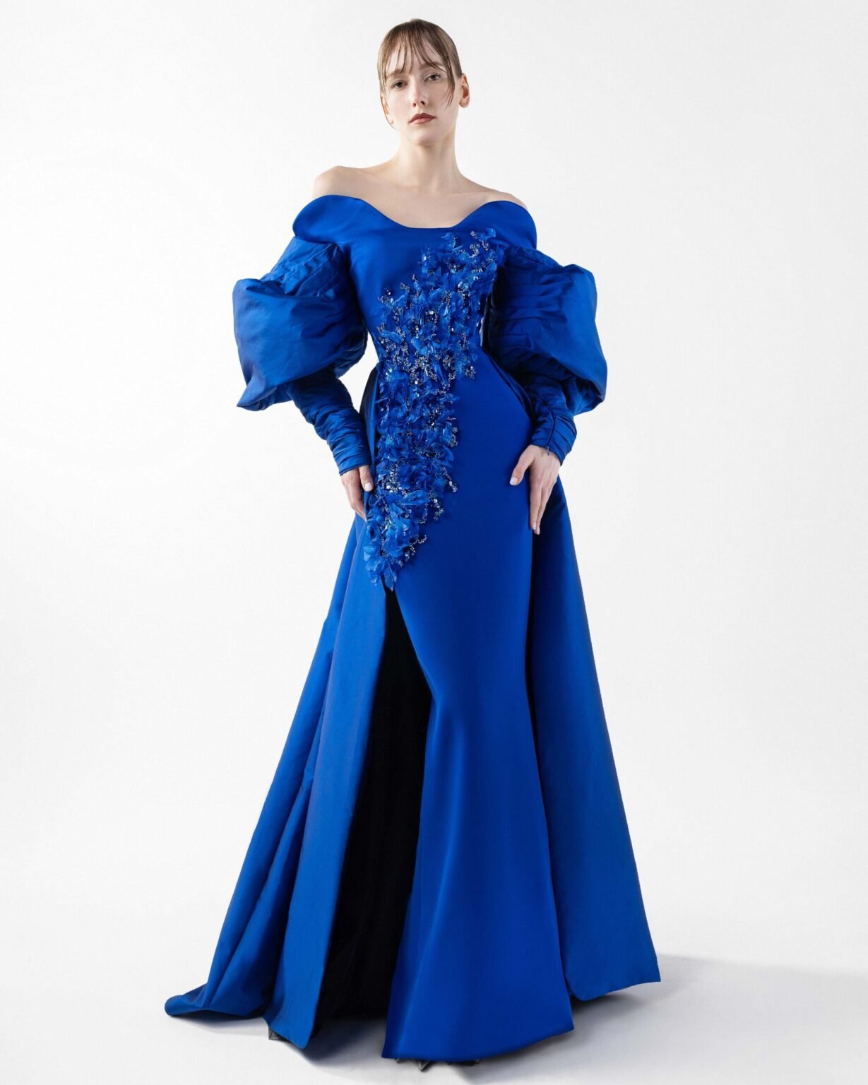 Royal Blue Off-Shoulder Gown with Voluminous Sleeves and Textured Embroidery