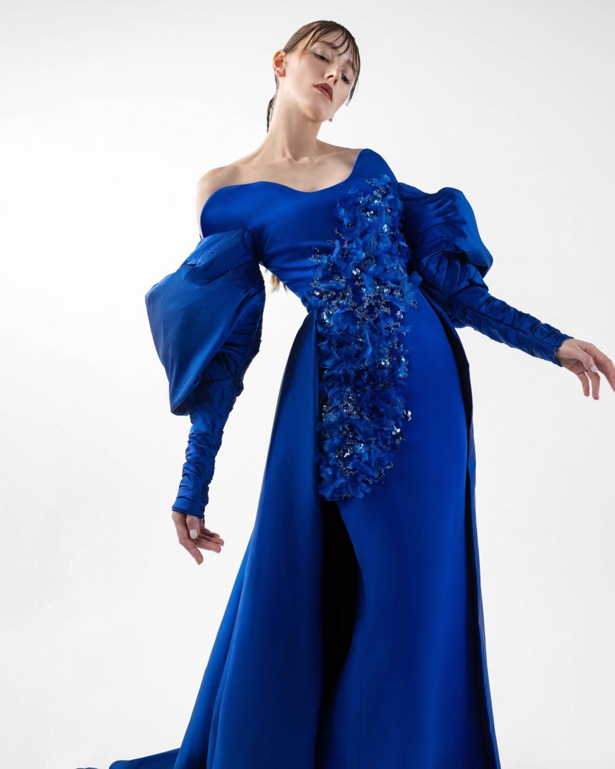 Royal Blue Off-Shoulder Gown with Voluminous Sleeves and Textured Embroidery