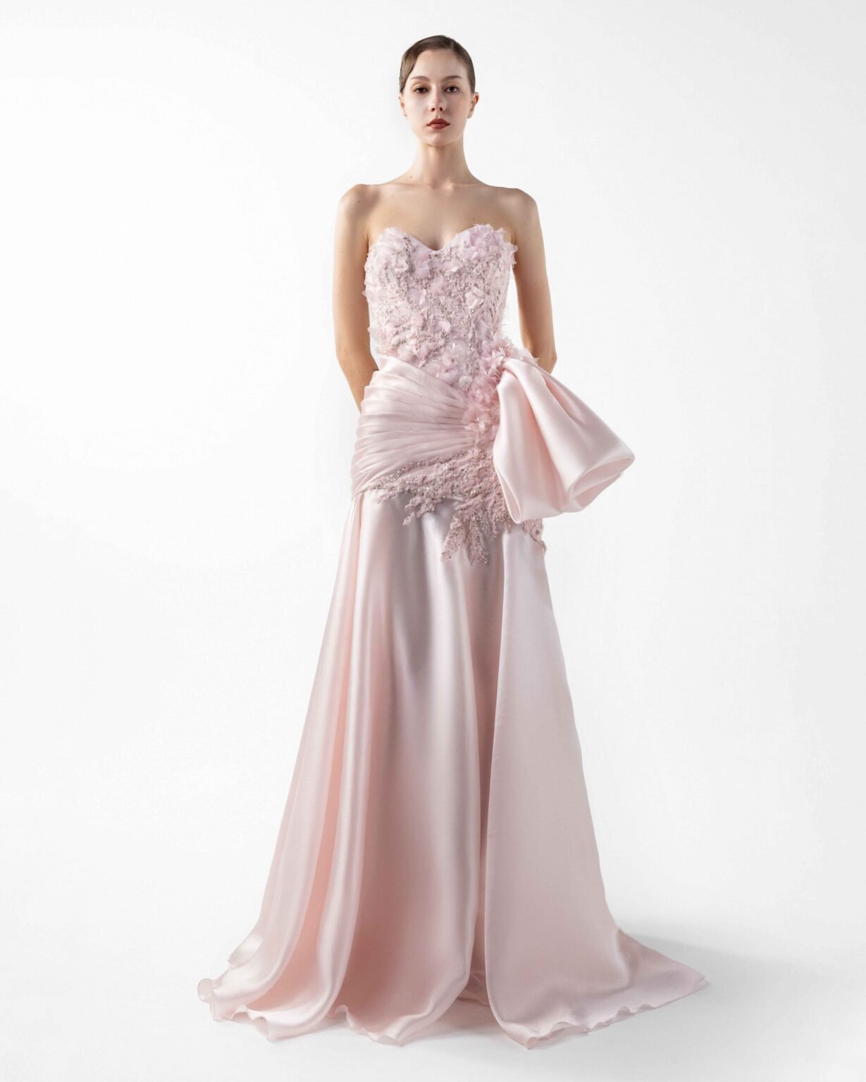 Dreamy Floral Lace, Embellished Pink Organza Gown