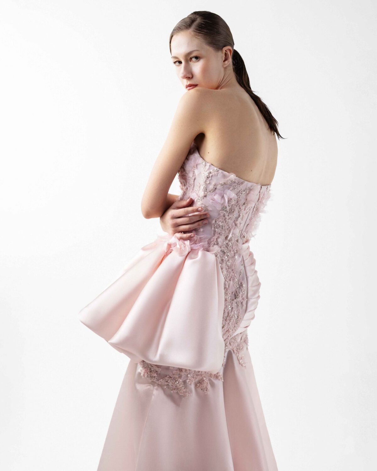 Dreamy Floral Lace, Embellished Pink Organza Gown
