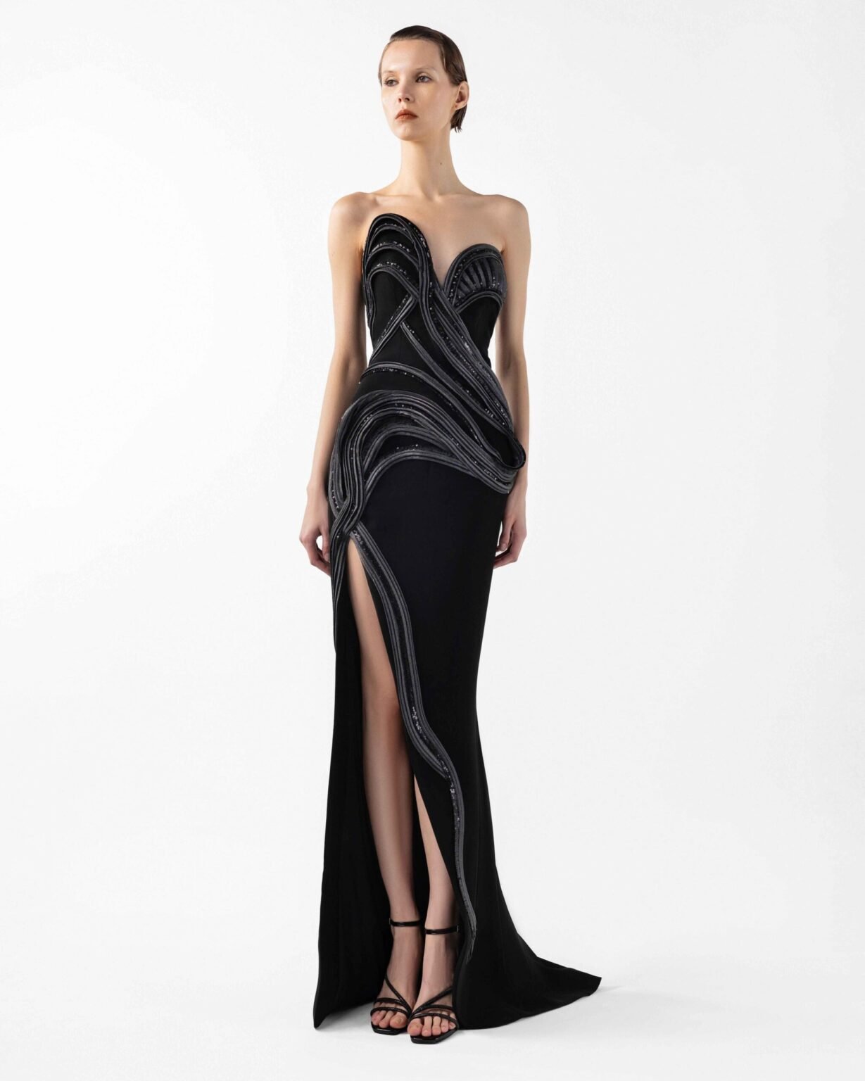 Strapless Asymmetrical Evening Gown with Anthracite Lamé Crystal Accents
