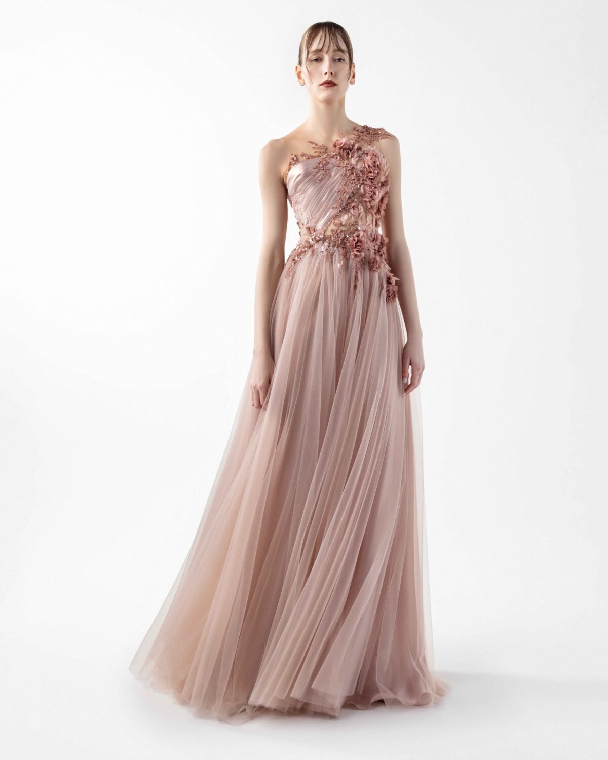 Blush Sheer Tulle Skirt Illusion Gown with Cascading Floral Embroidery
