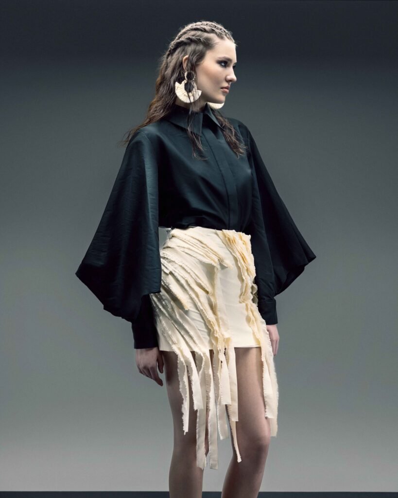Kimono Sleeves Black Taffeta Shirt 