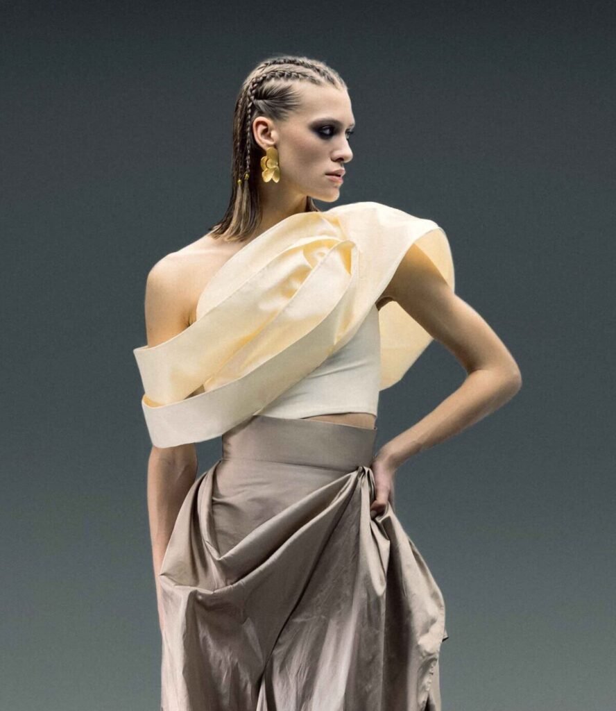 Sculptural Draping One-Shoulder Cream Taffeta Top 