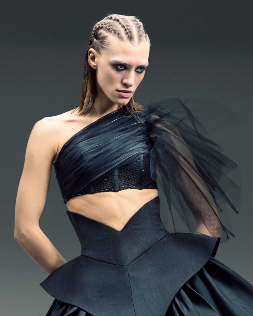 One-Shoulder Draped Tulle Top with Sequined Corset Base 
