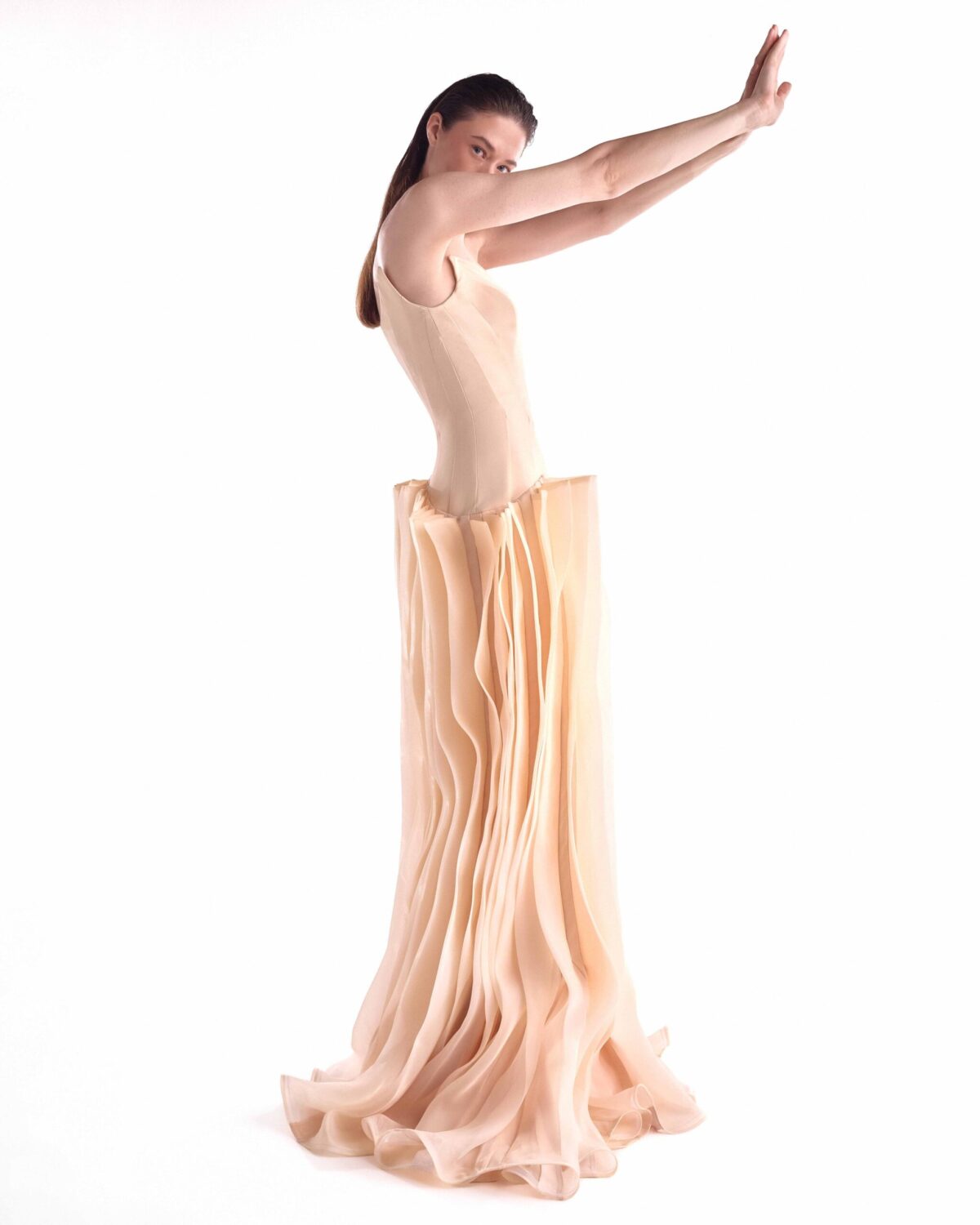 Sculptural Angled Deep-V Gown with Floating Organza Waves