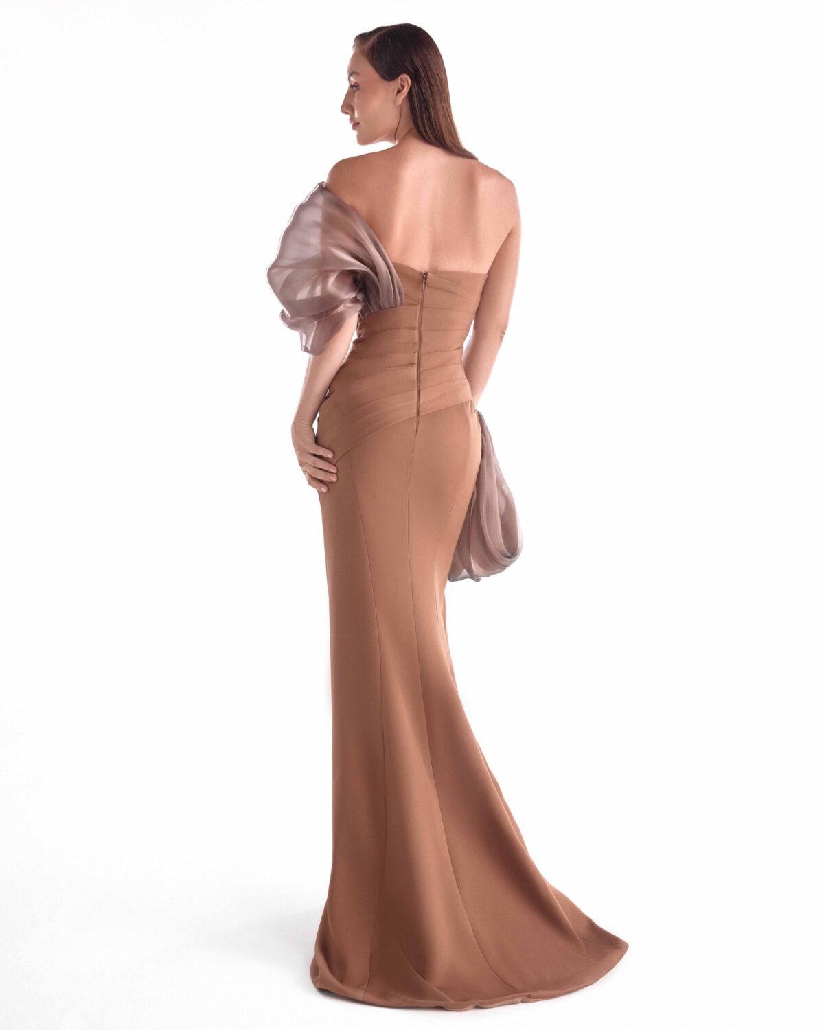 Elegant Off-Shoulder Brown Crepe and Fluid Organza Gown