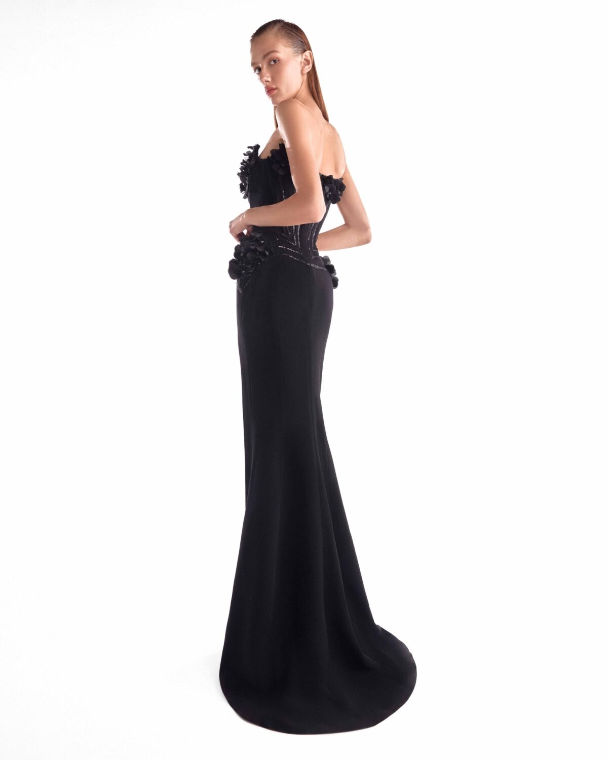 Noir Petal-Embellished Sculpted Corset Gown