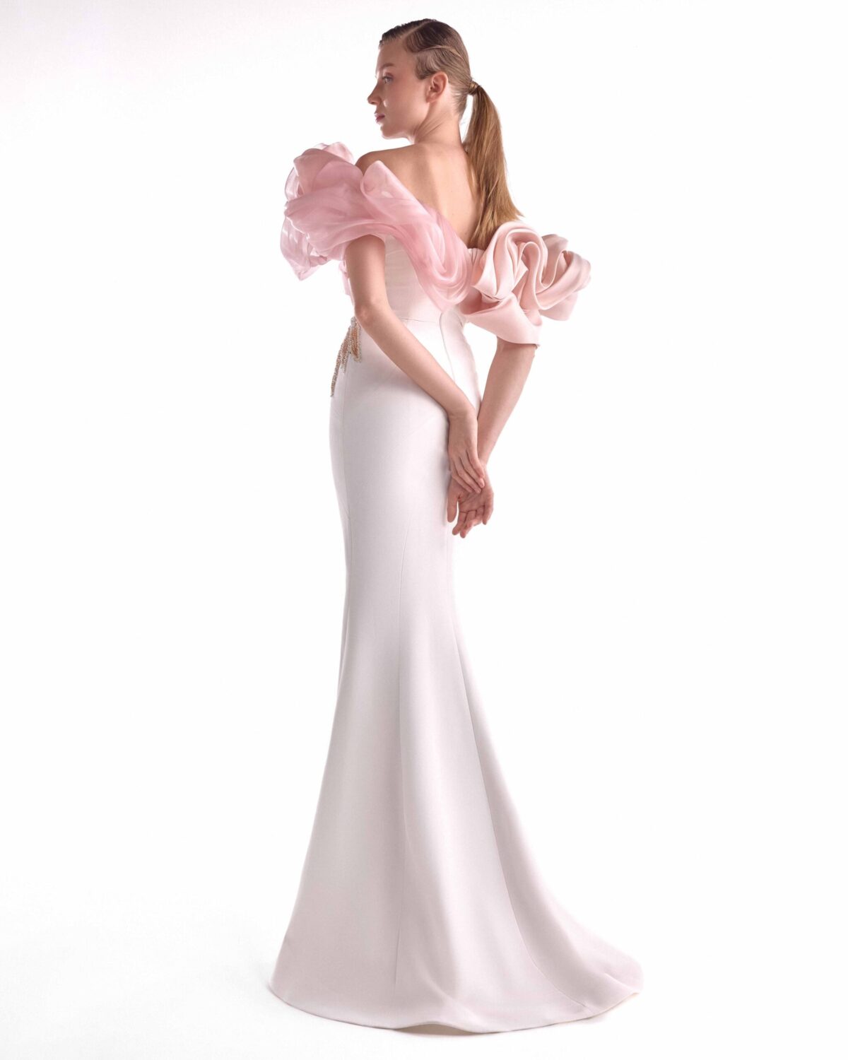 Blooming Blush Shoulders, Off-White Mermaid Embellilshed Gown