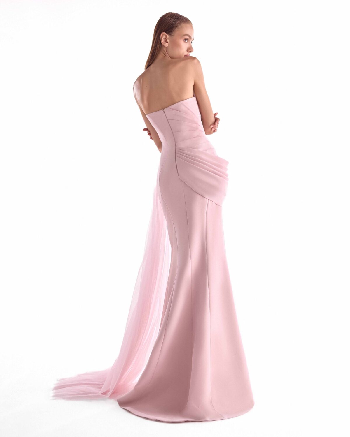 Second-Skin Seduction in Corseted Pink Crepe Gown