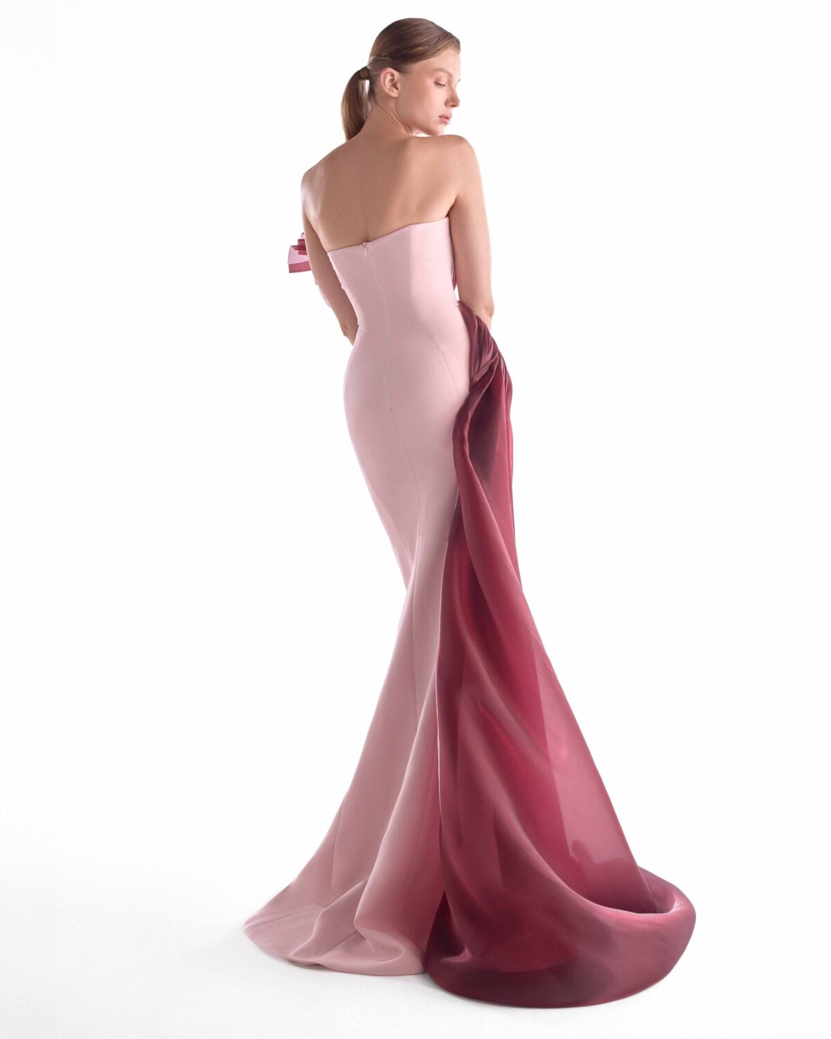 Fluid Crimson Flow on a Pink Crepe Evening Gown