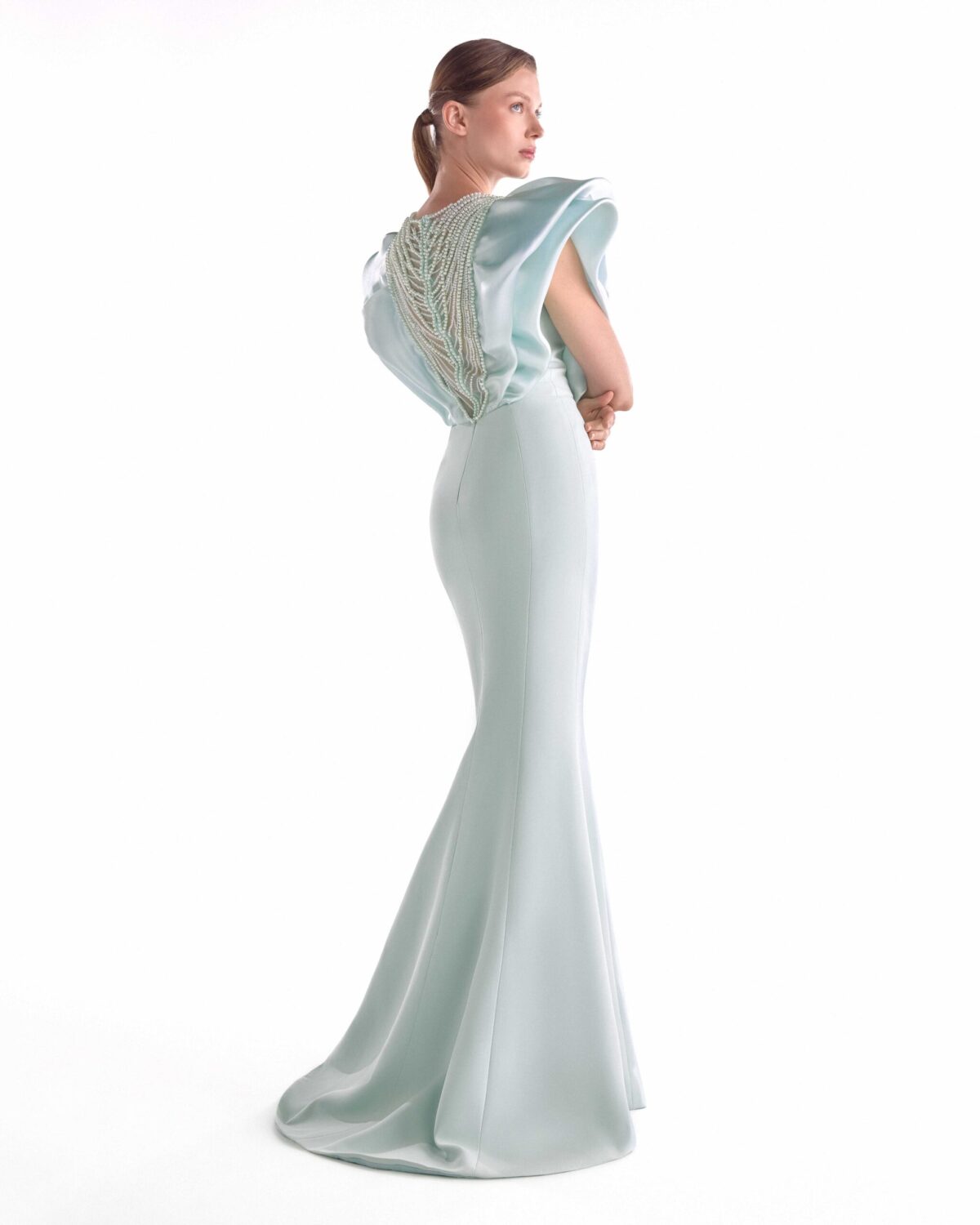 Ethereal Mint Mermaid Gown with  Pearl Drapery