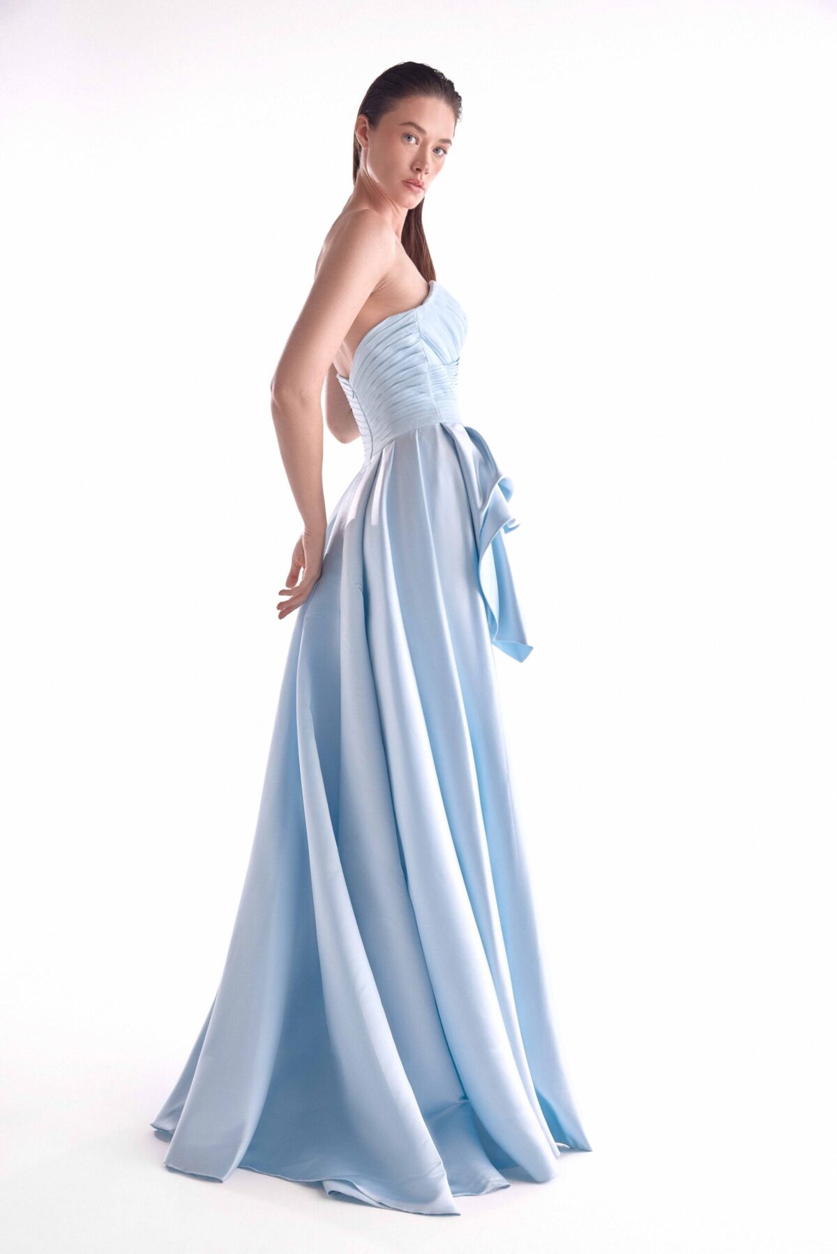 Celestial Ice Blue Peplum Gown with Pleated Bodice
