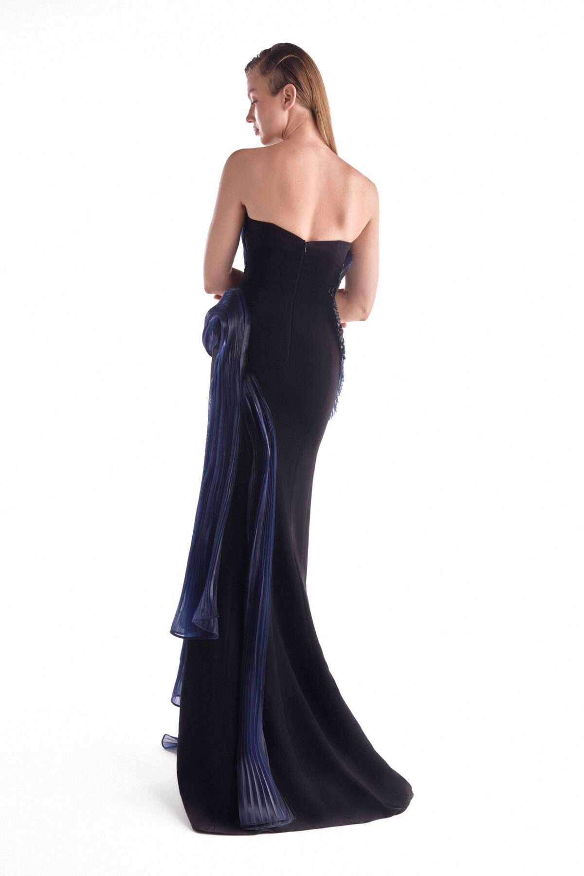 Midnight Blue Pleated Liquid Sculpture, Strapless Black Gown