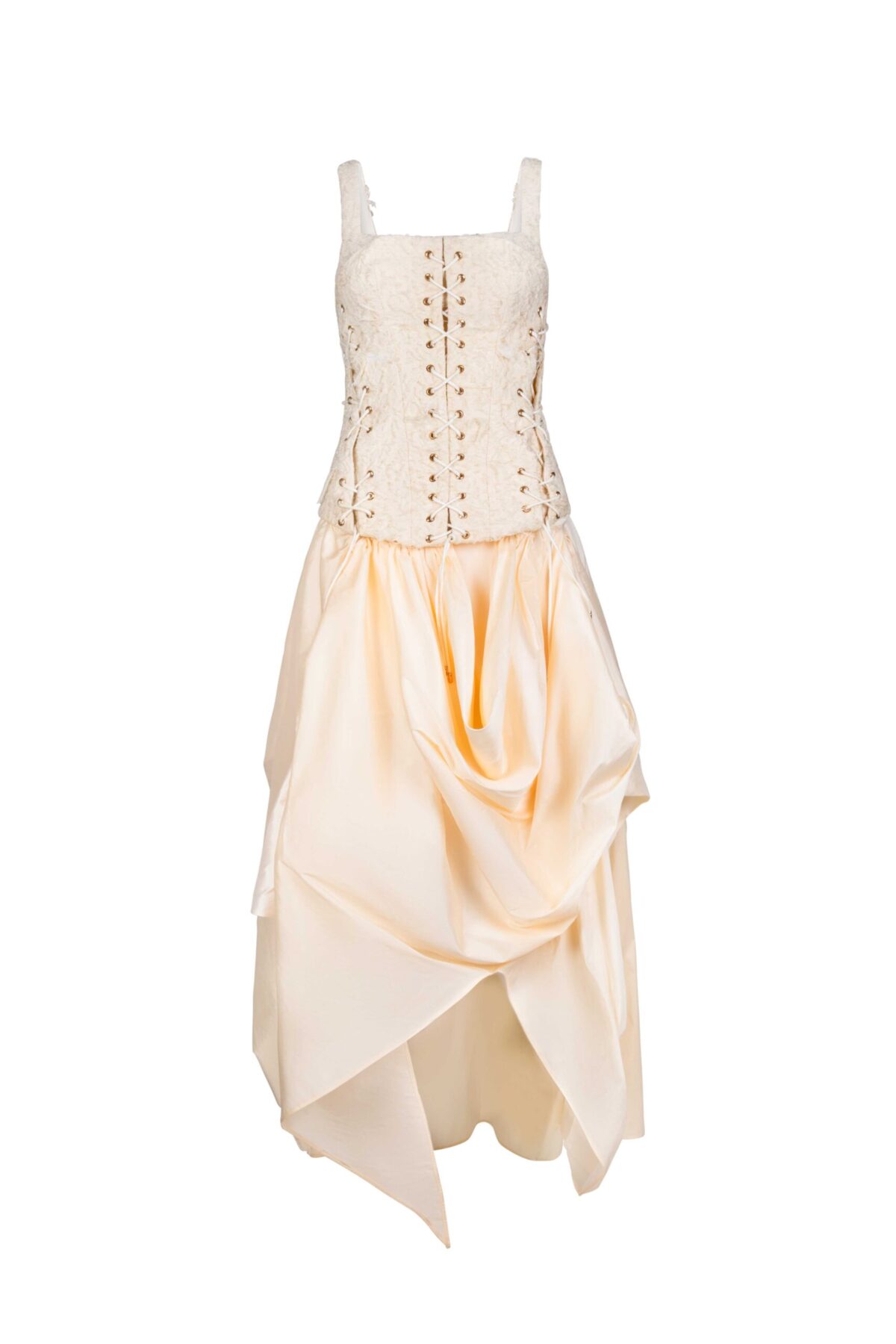 Creamy Jacquard Corseted Draped Taffeta  Dress