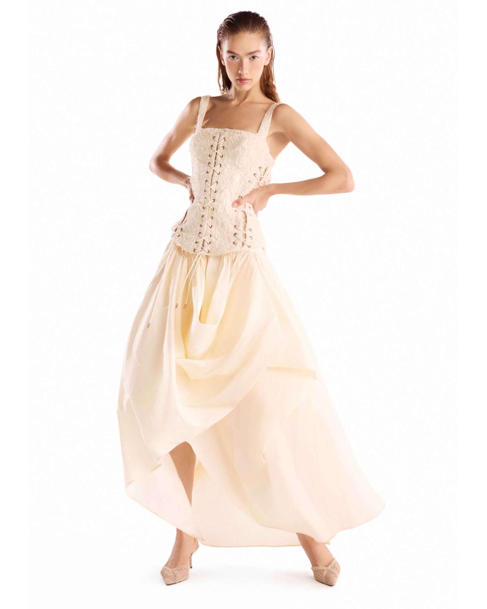 Creamy Jacquard Corseted Draped Taffeta  Dress