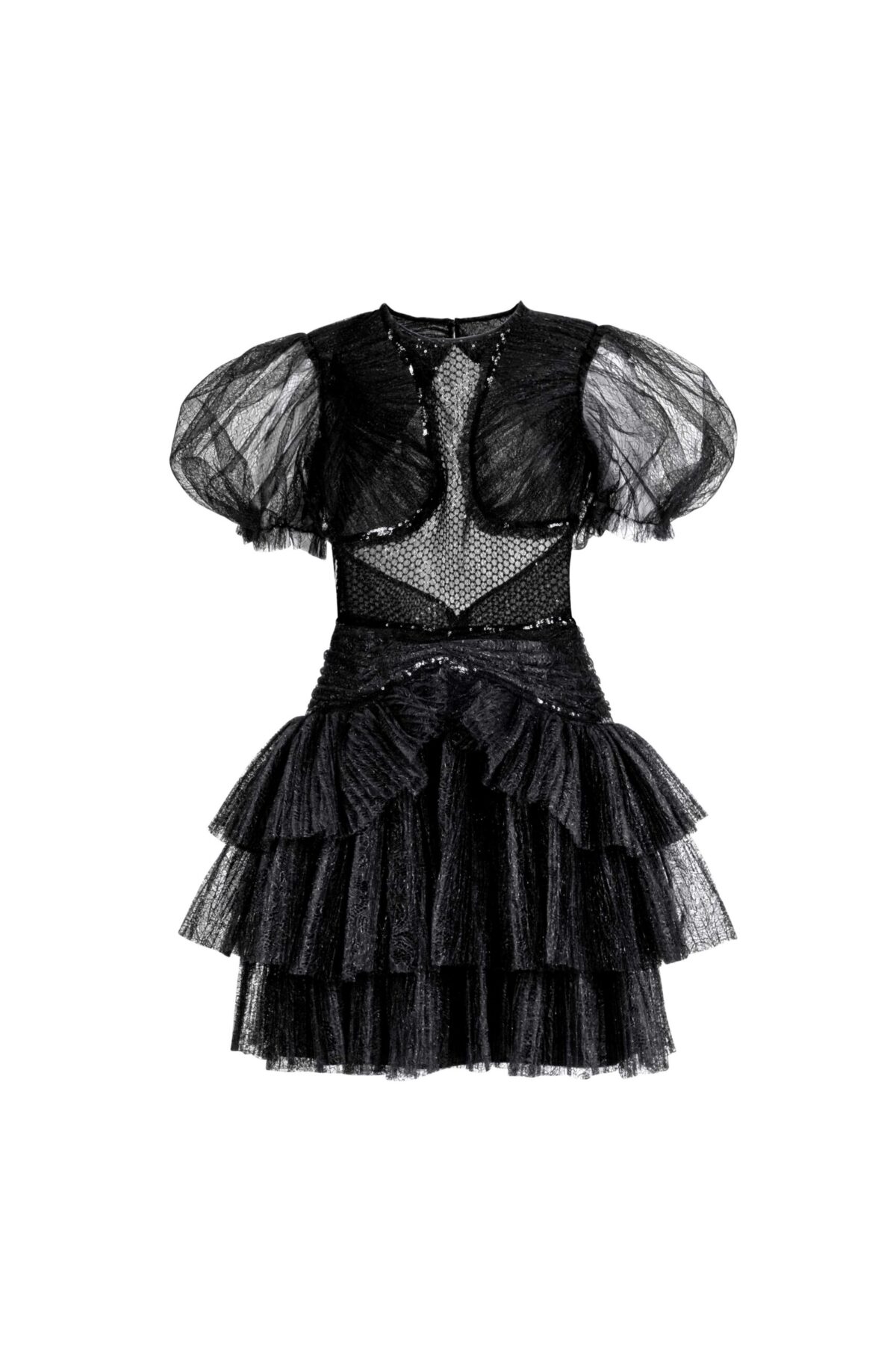 Puff Sleeves Black Chantilly Lace Mini Dress