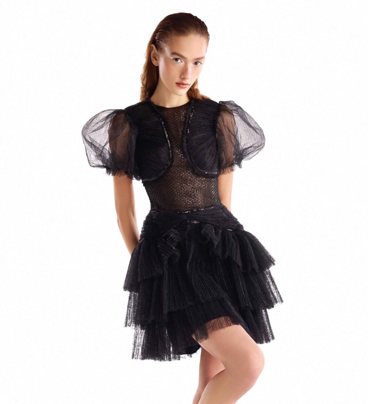 Puff Sleeves Black Chantilly Lace Mini Dress