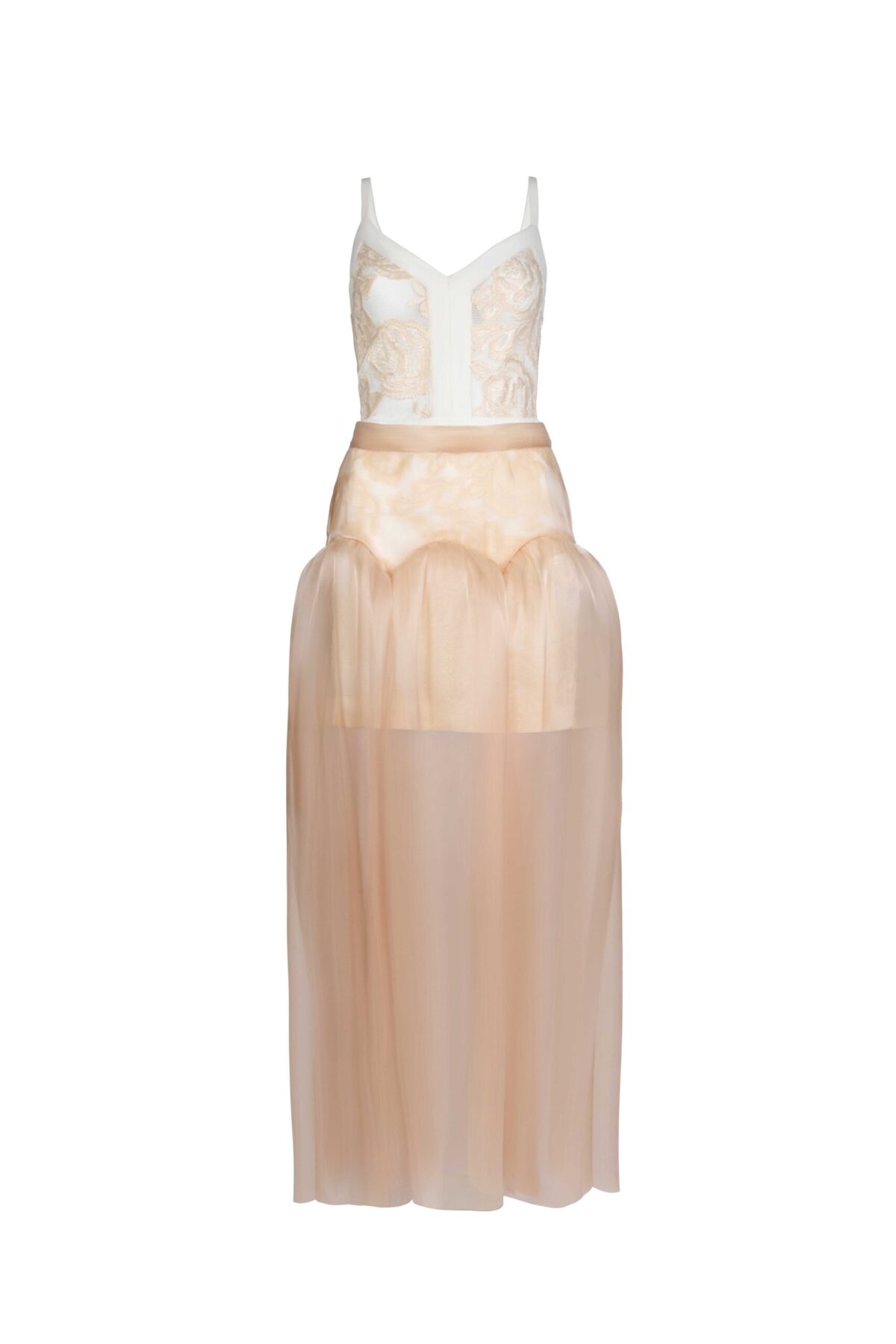 Creamy Brocard Dress with Removable Fluid Overskirt