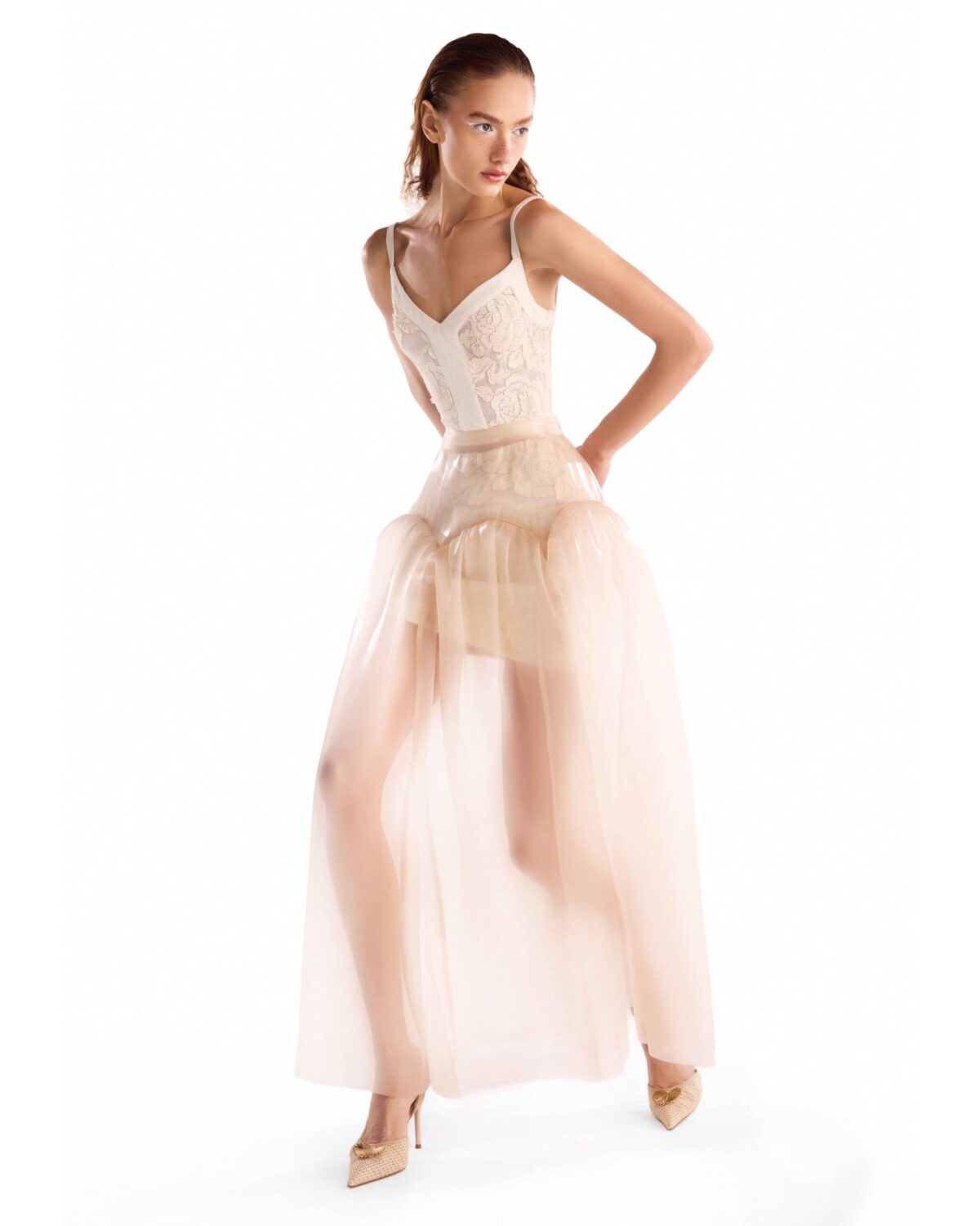 Creamy Brocard Dress with Removable Fluid Overskirt