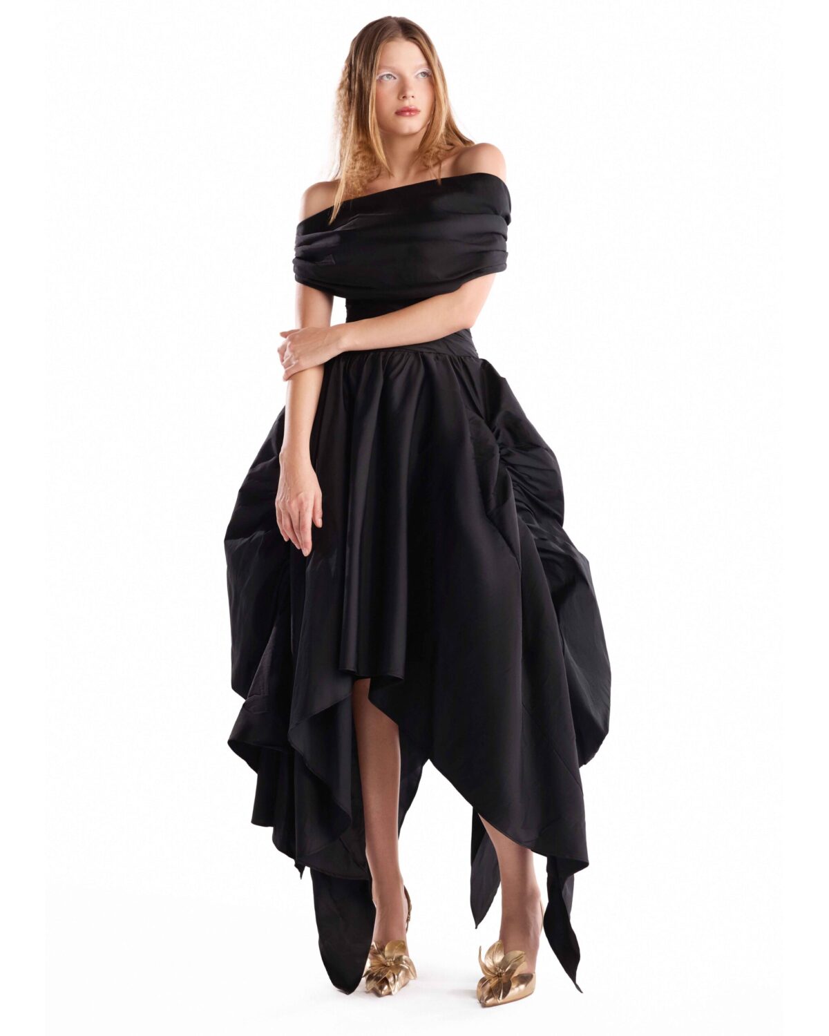 Asymmetric Hem Black Taffeta Off-Shoulder Dress