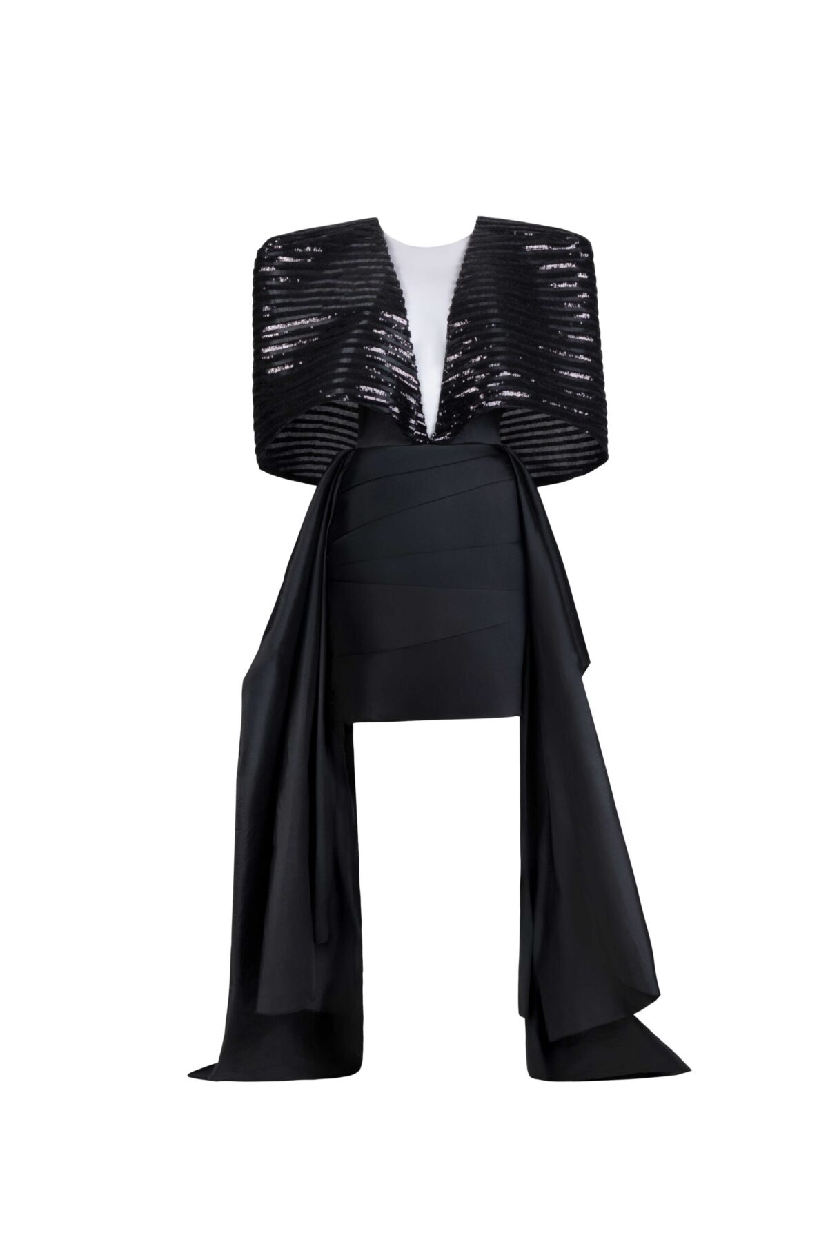 Chic Black Sequin Mini Dress with Draped Taffeta