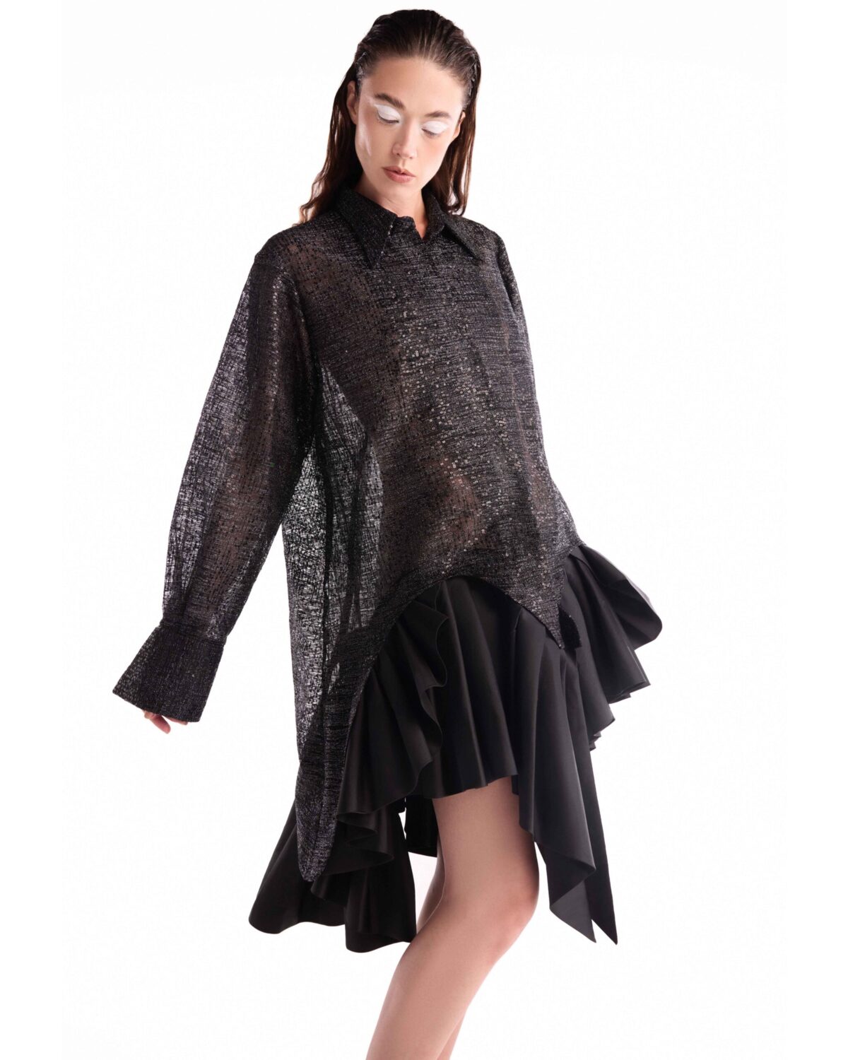Chantilly Lace Shirt Dress with Sculpted Taffeta Skirt