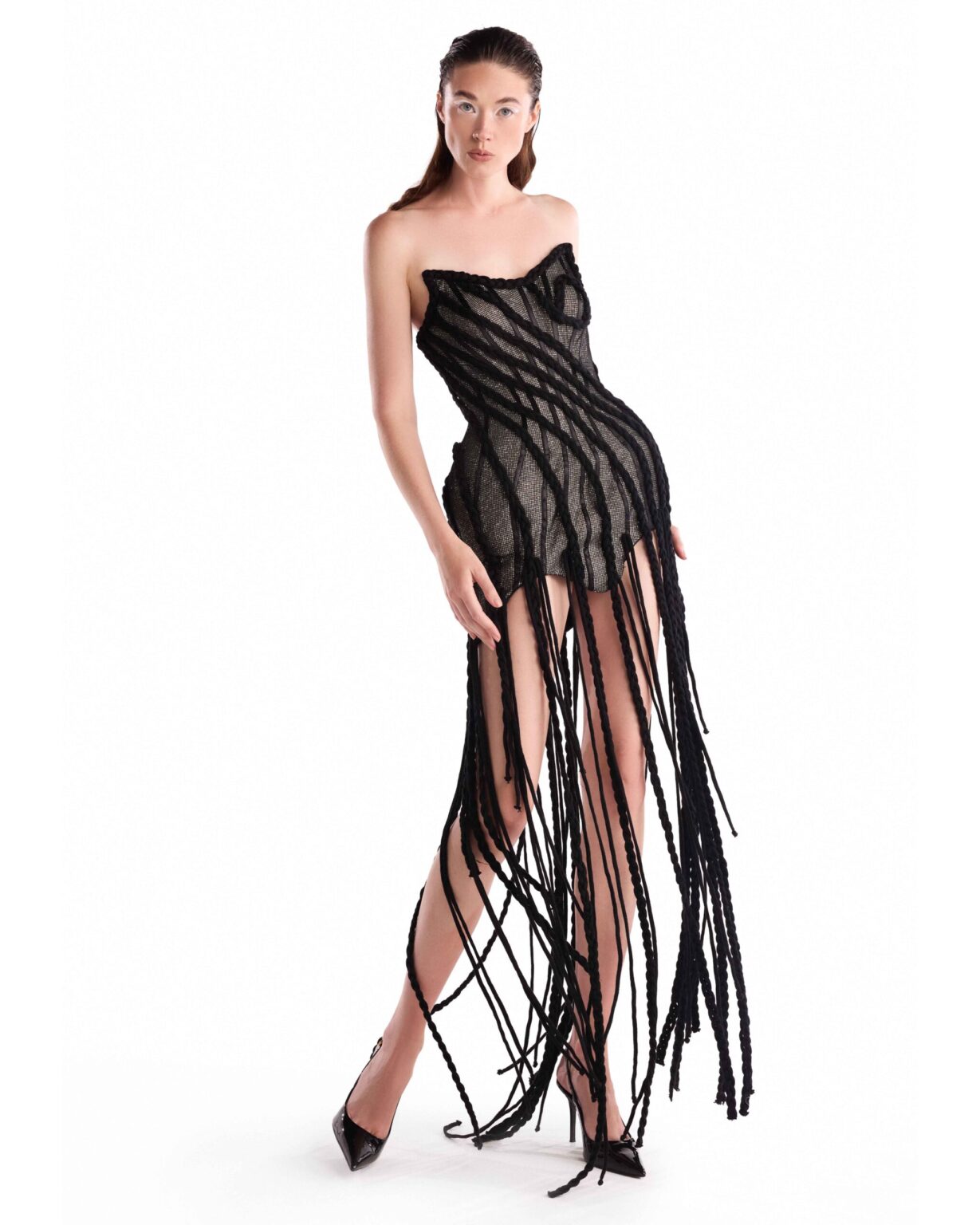 Sparkling Cinched Sequin, Cascading Braids Dress.