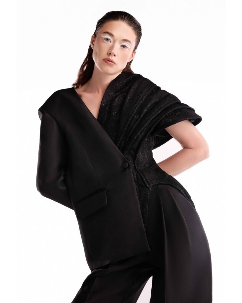 Subtle Shimmer, Asymmetric Black Piqué Jacket 
