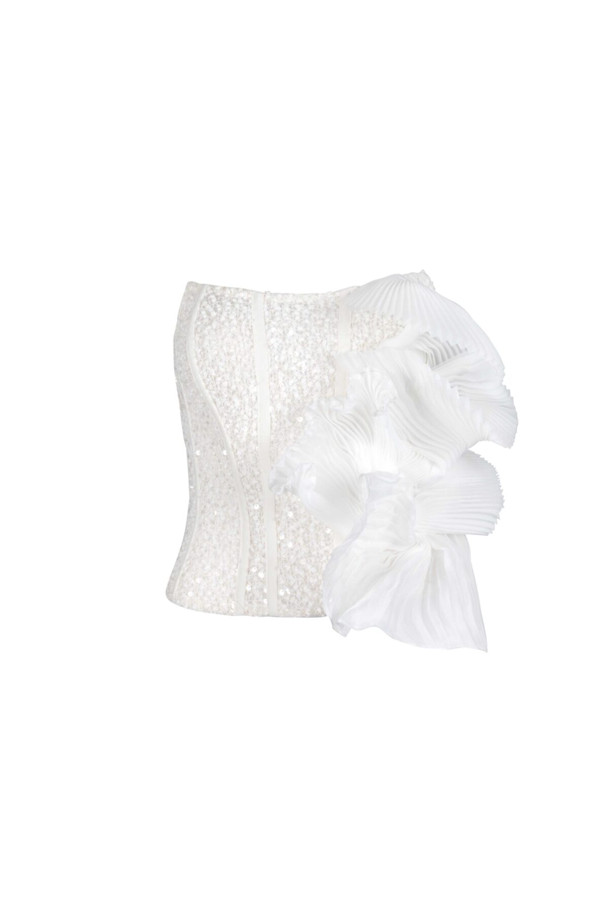 Corseted Off-White Jacquard top with Plissé Sculpting