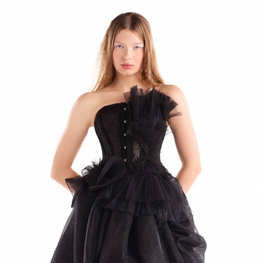 Sequined Corset with Tulle Plissé and Chantilly lace inserts 