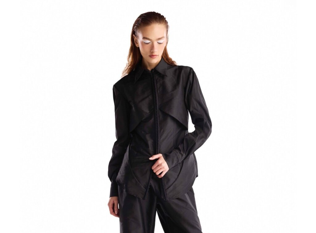 Structured Panels, Front Zip Taffeta Blouse 
