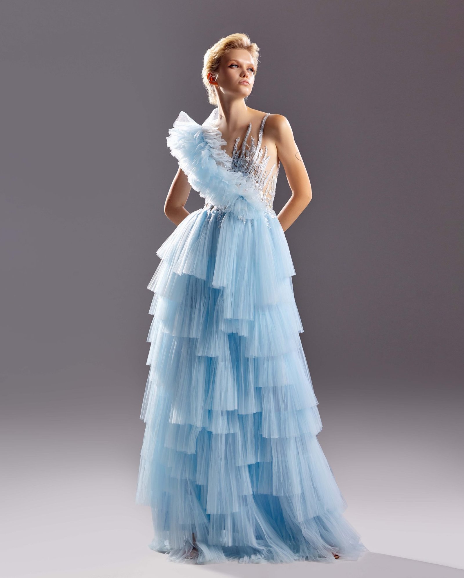 Floral Lace and Layered Tulle Blue Dress